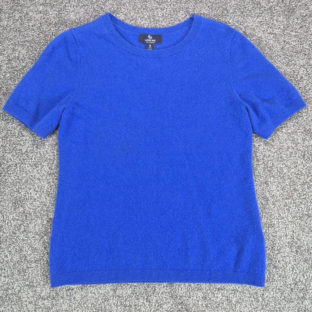 Lands End 100% Cashmere Sweater Womens Small (6-8) Blue Short Sleeve Crew Neck